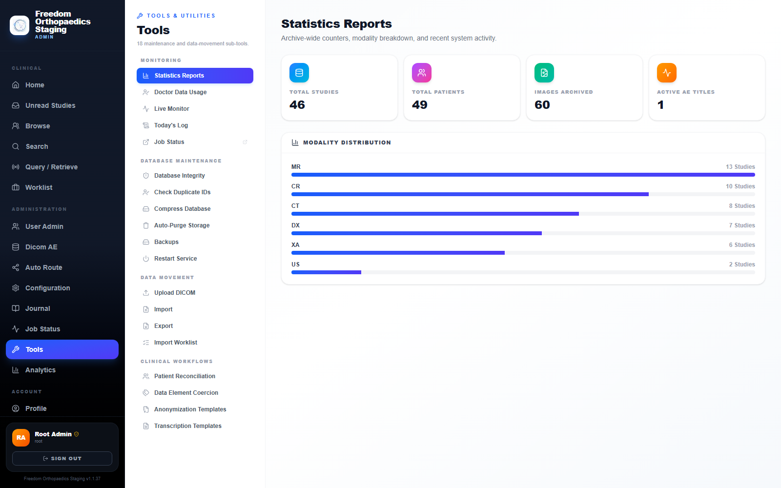 Orion PACS Tools page listing maintenance and data-movement utilities beside archive statistics